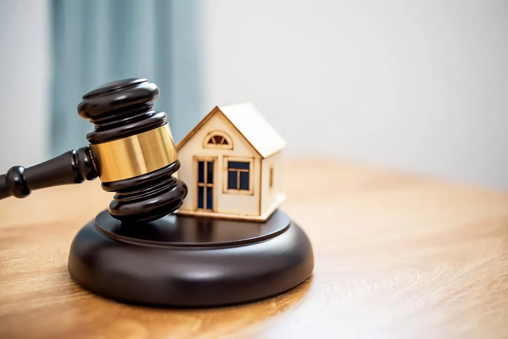 Judge’s gavel next to a small model house on a table, symbolizing how courts handle property division in a divorce.